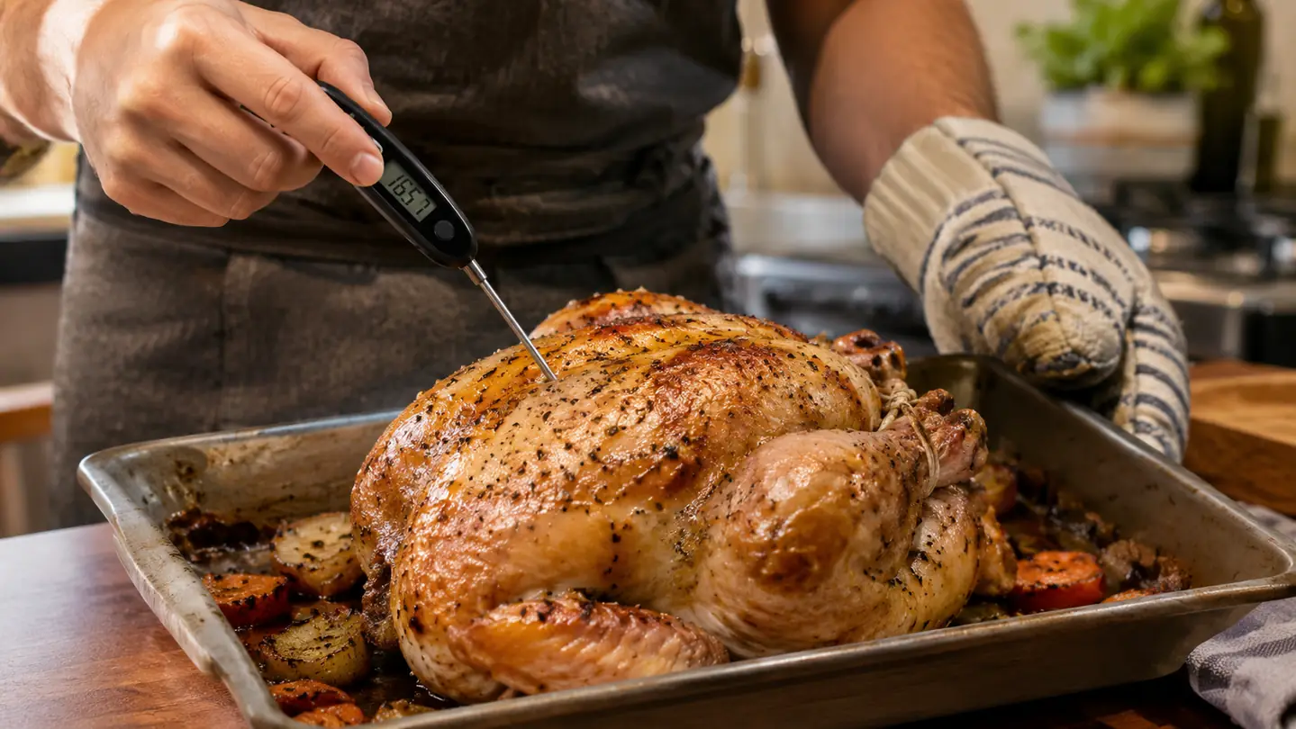 A hand inserting an instant-read thermometer into a chicken roasting on a sheet pan.