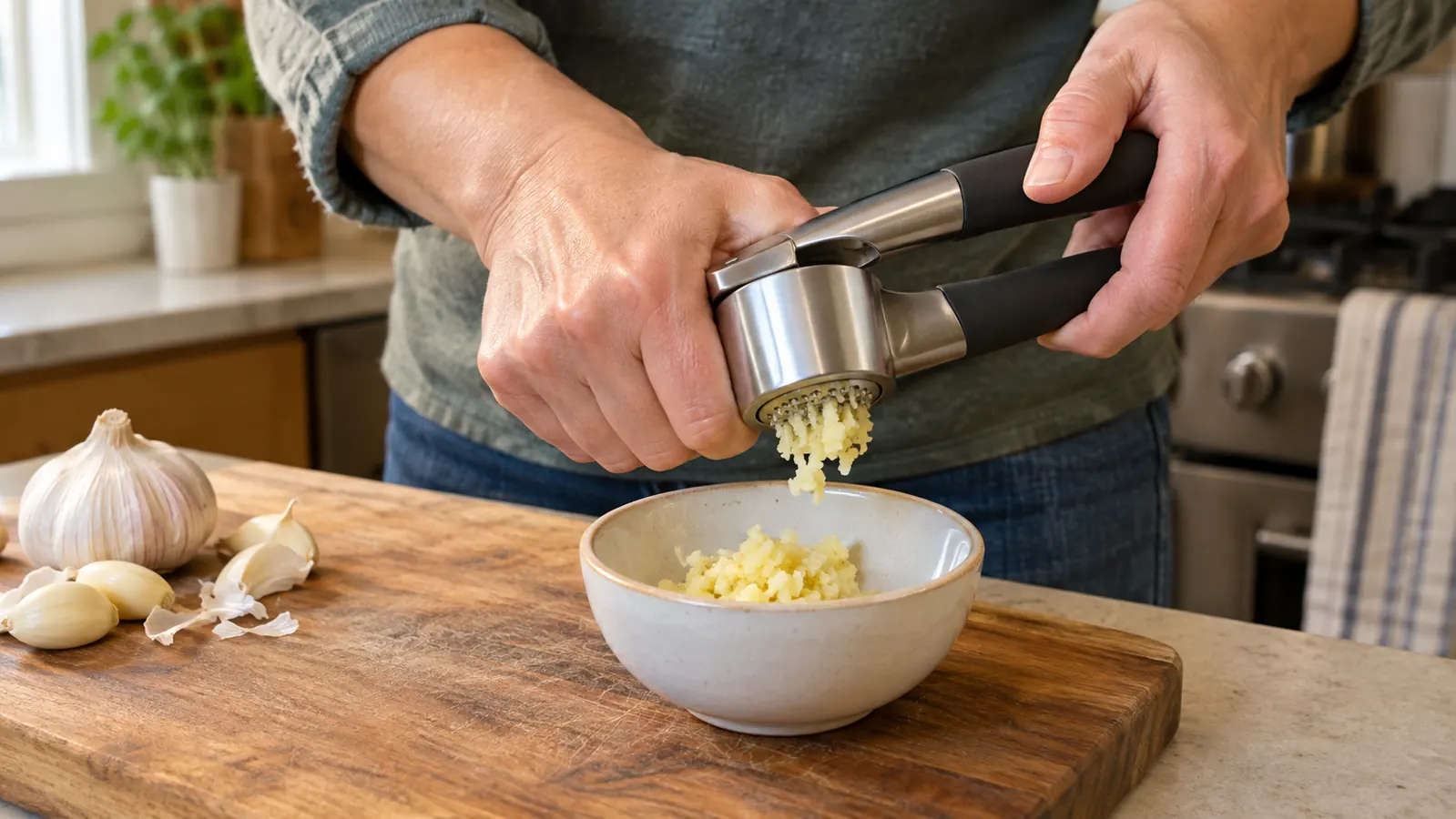 A hand squeezing a garlic press over a small bowl of minced garlic on a cutting board