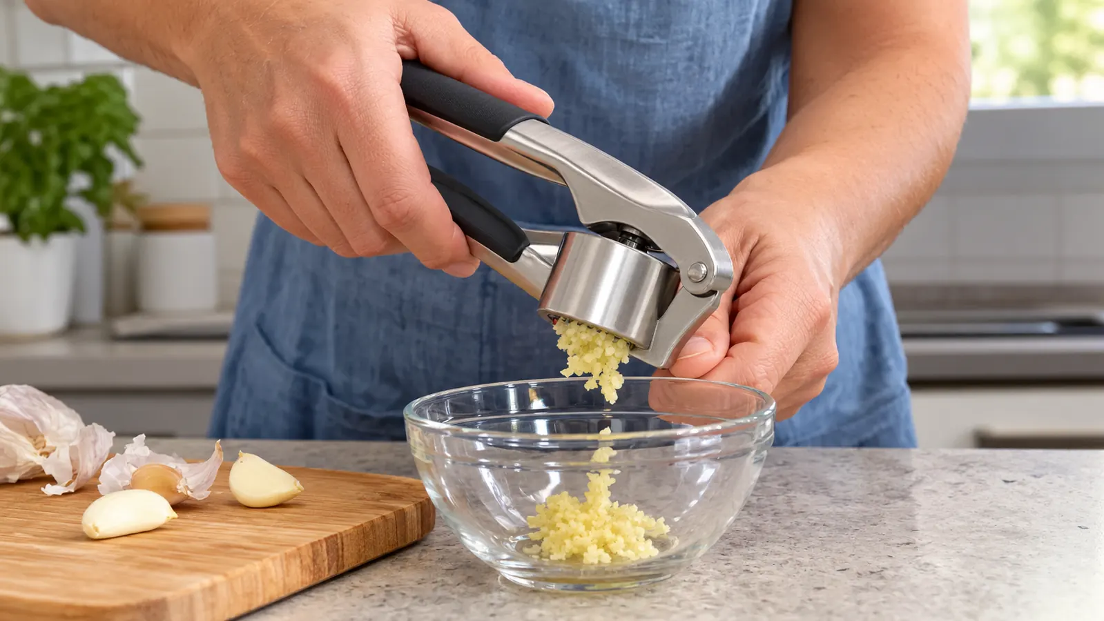 A hand pressing a garlic clove through the press into a glass bowl