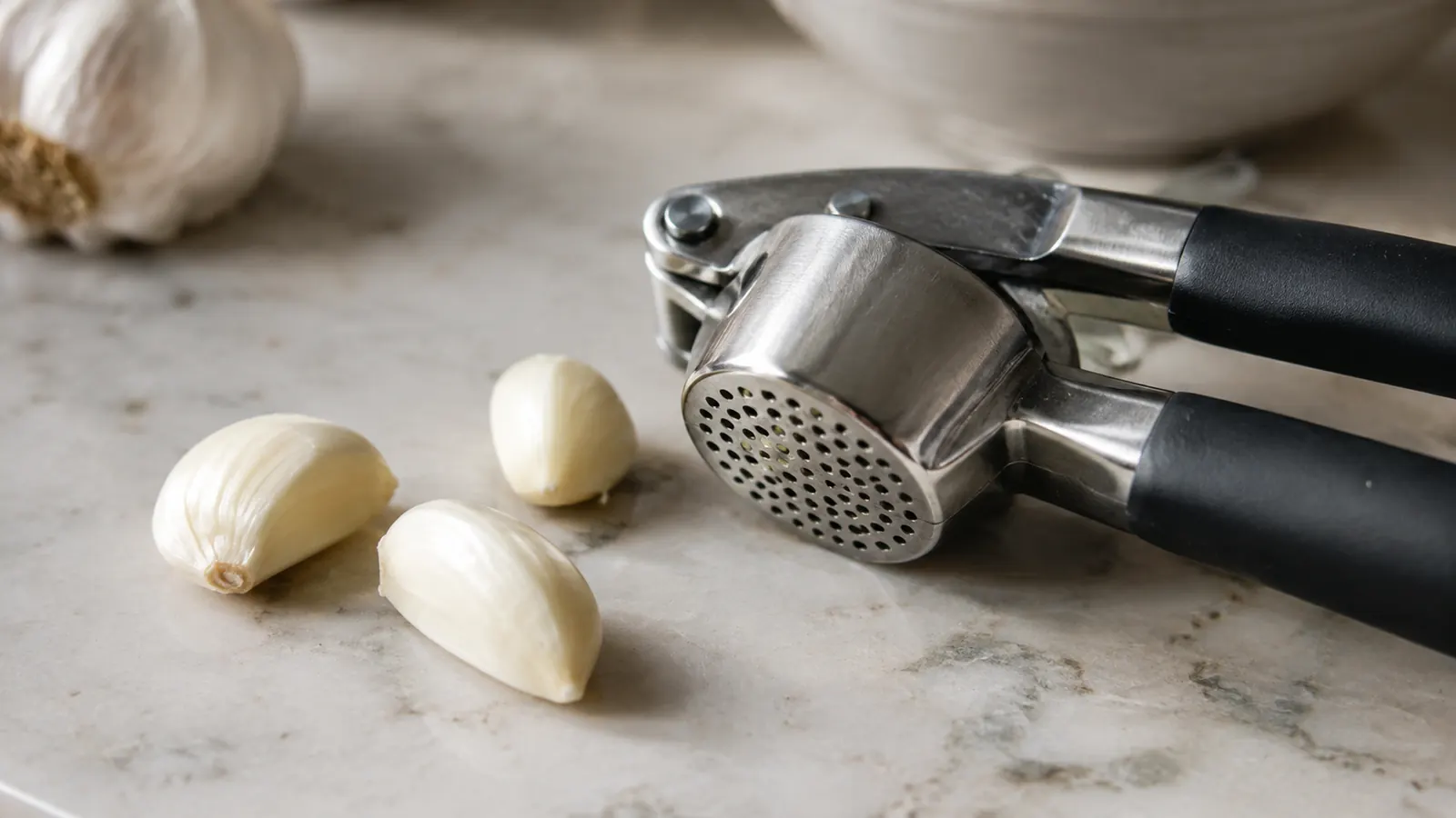 A close-up of the garlic press with a few peeled cloves on a kitchen counter