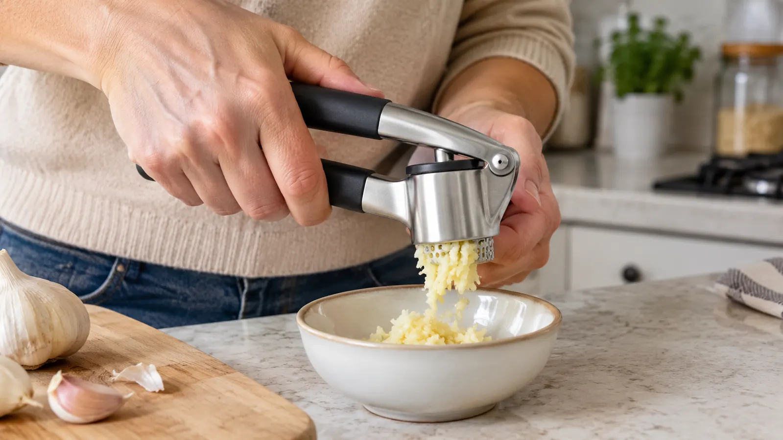 A hand squeezing a garlic press over a small bowl, crushed garlic coming out the bottom on a kitchen counter