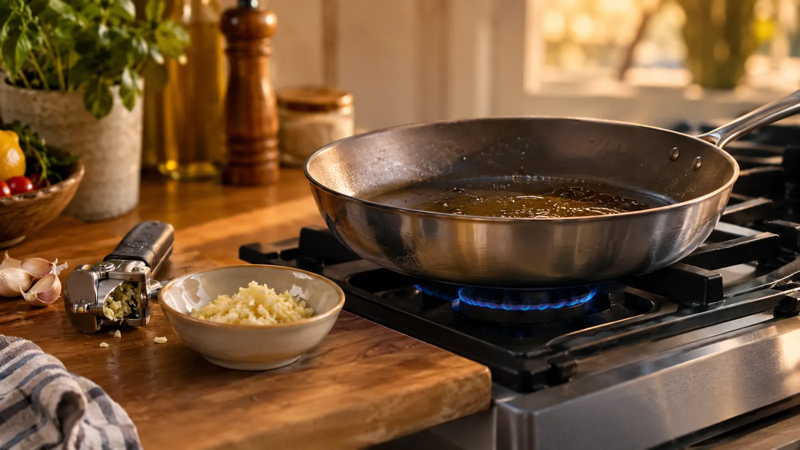 A pan heating on a stove with a small dish of minced garlic on the counter beside it, weeknight dinner prep