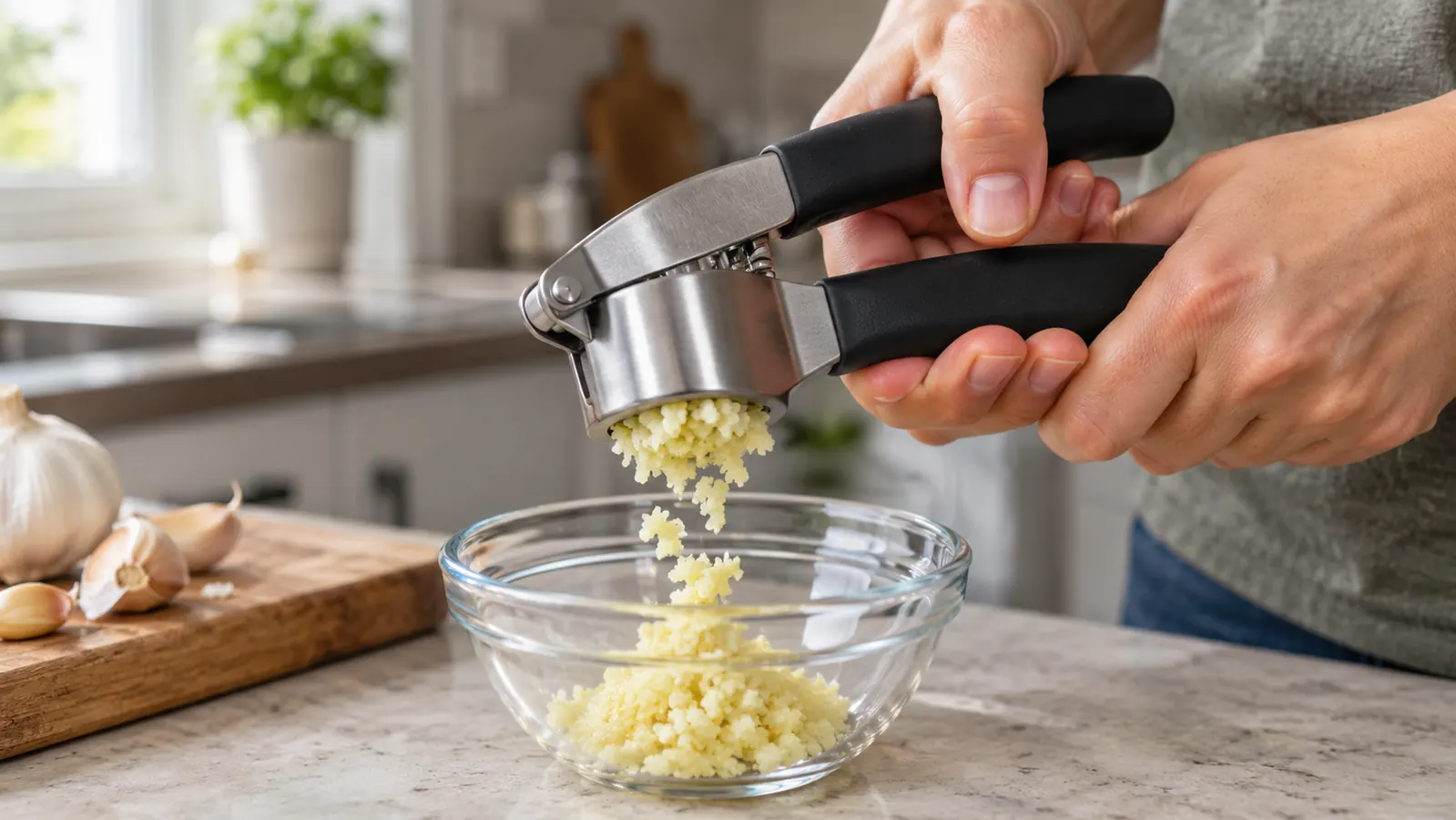 Garlic press in use over a bowl of freshly minced garlic on a kitchen counter