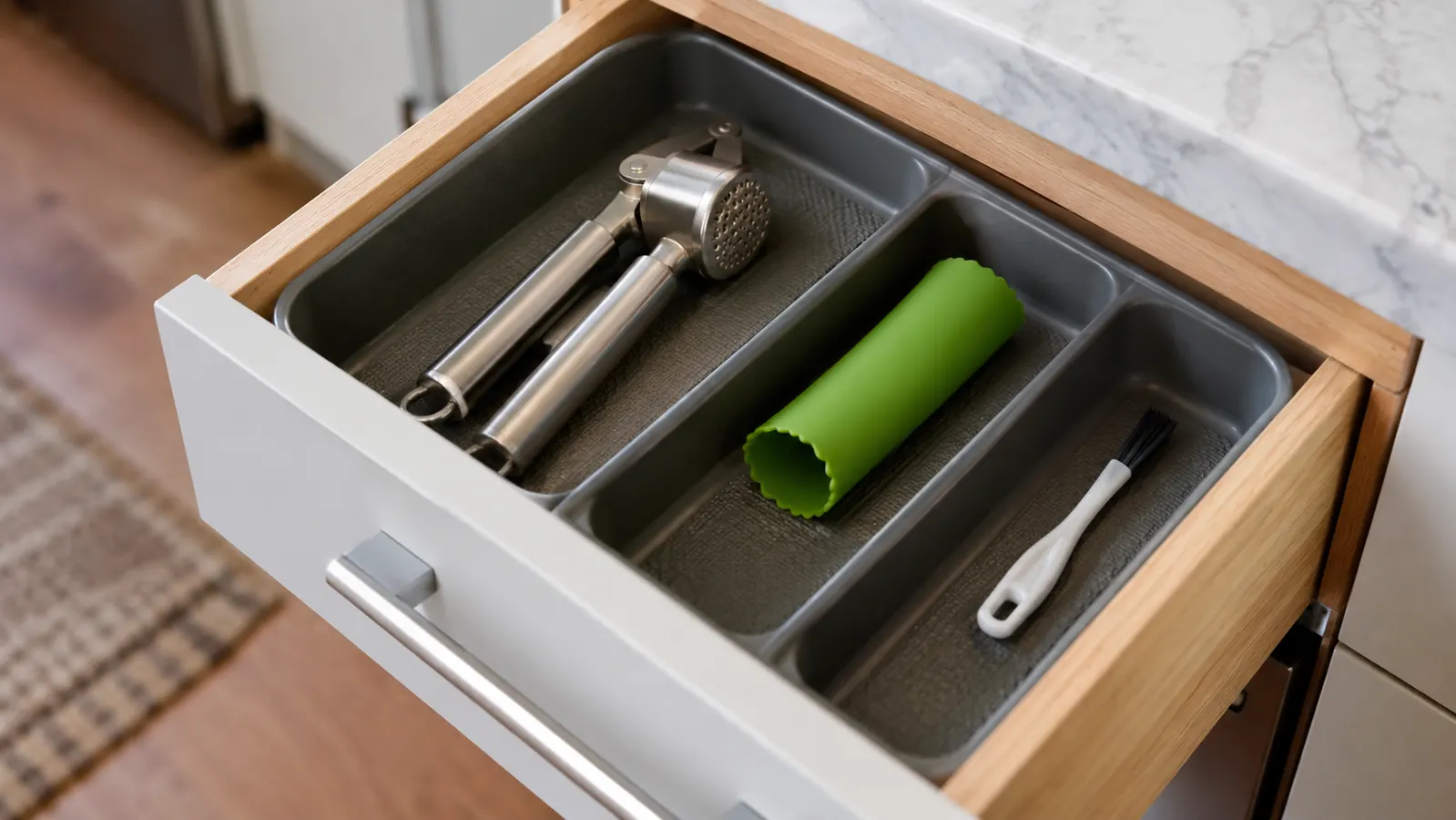 Open kitchen drawer with a garlic press and small kitchen tools neatly organized